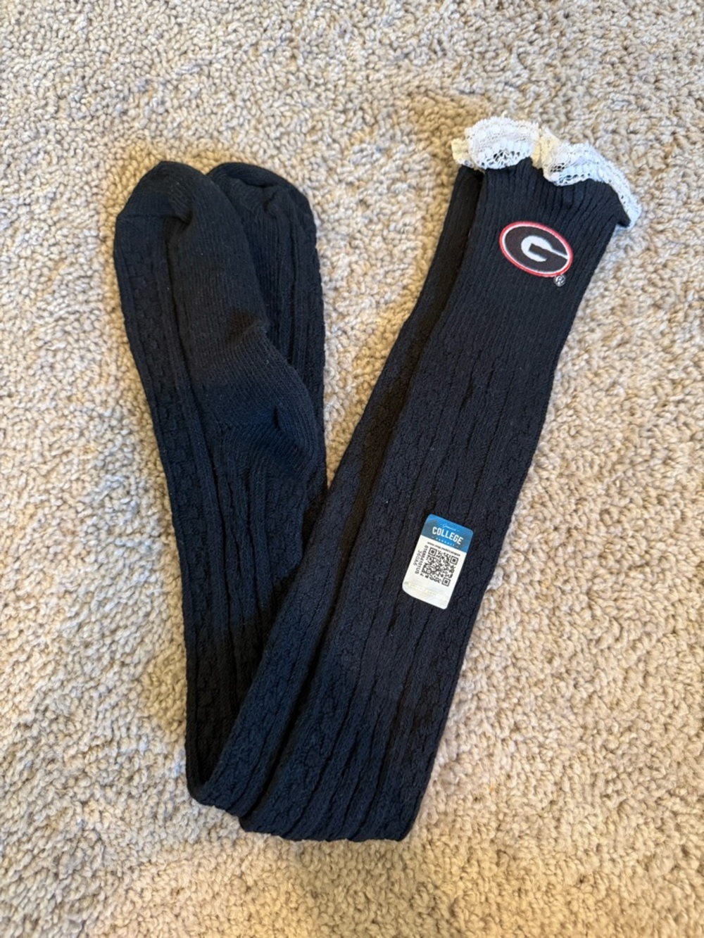 Georgia Bulldogs Black Cable Knit Knee Socks with Lace Trim